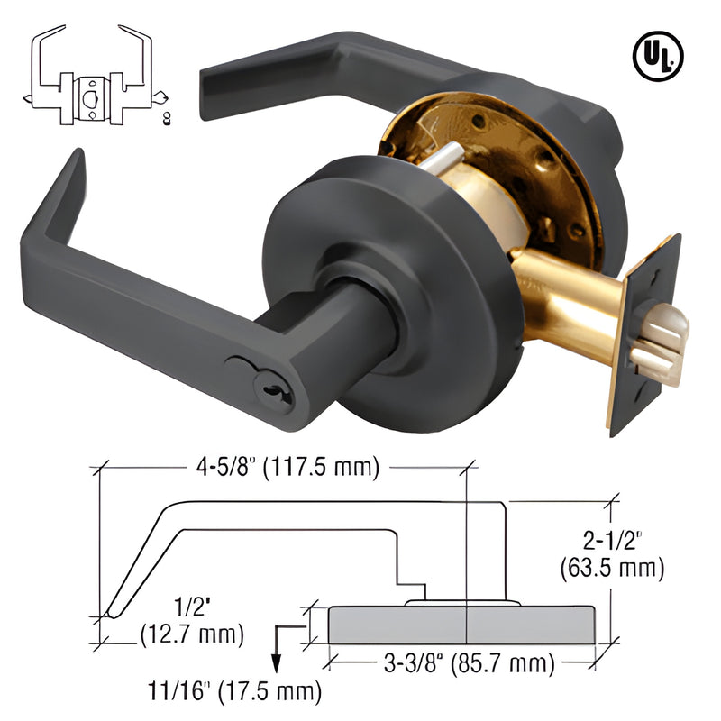 Matte black commercial Grade 1 entrance lever lockset (SKU D62ENTMBL) - heavy-duty, 7 pin SFIC, reversible, UL 3 hour.