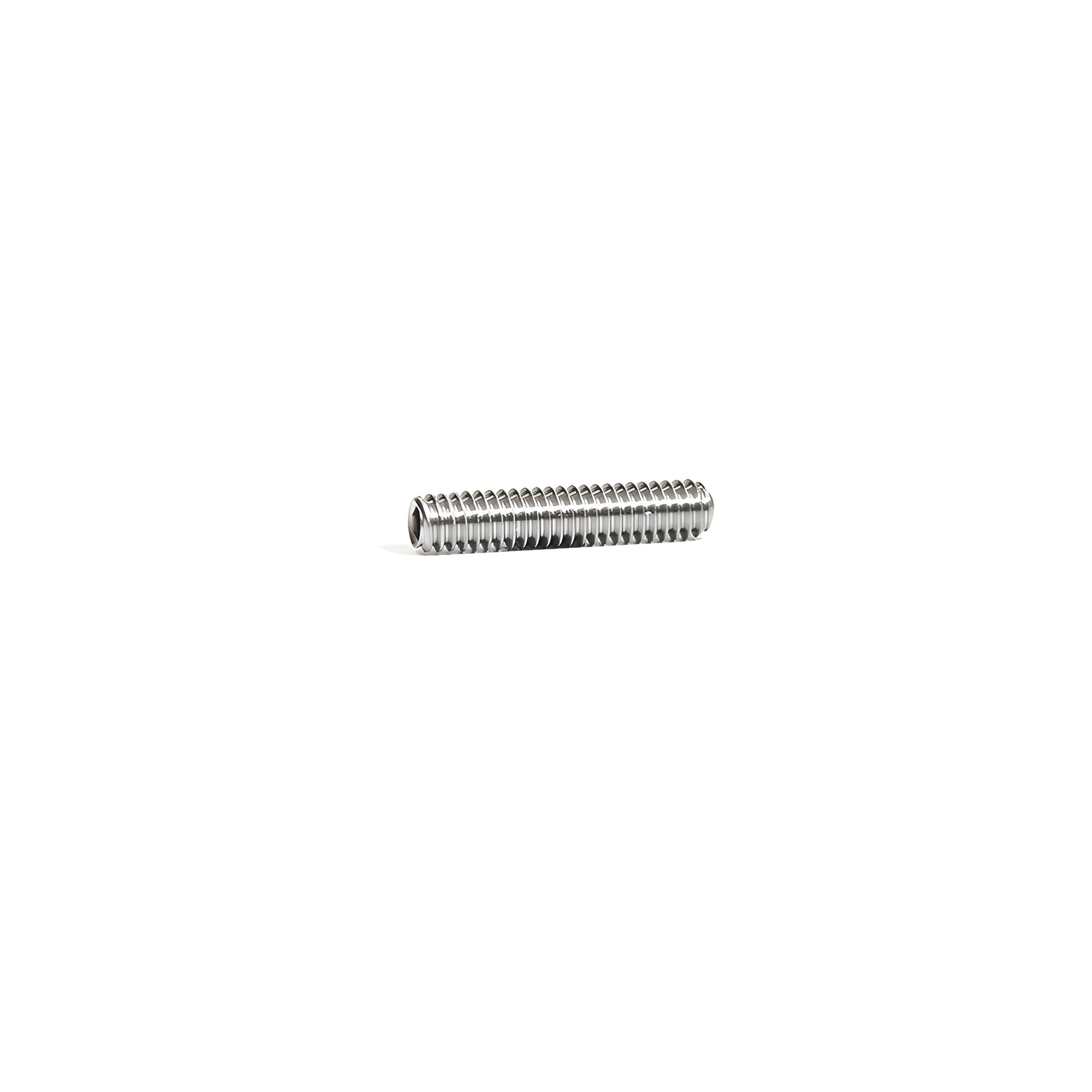 AS14114 stainless steel headless 1-1/4 in. 1/4-20 threaded Allen screw for standoffs on white background.