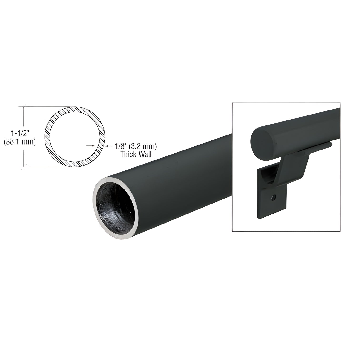 Matte black 1-1/2" (38 mm) aluminum handrail tubing, 20 ft length (SKU ARHR15BL)