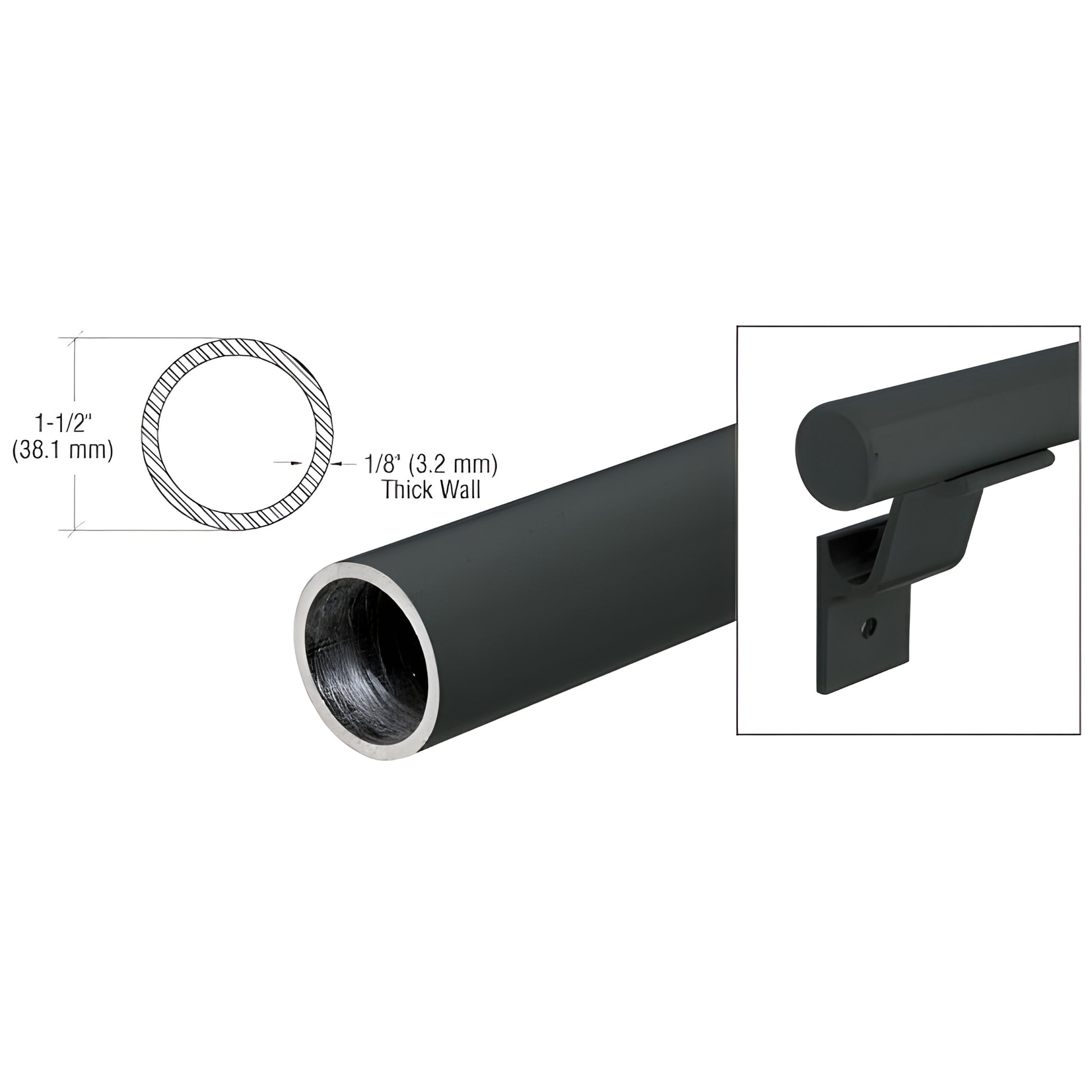 Matte black 1-1/2" (38 mm) aluminum handrail tubing, 20 ft length (SKU ARHR15BL)
