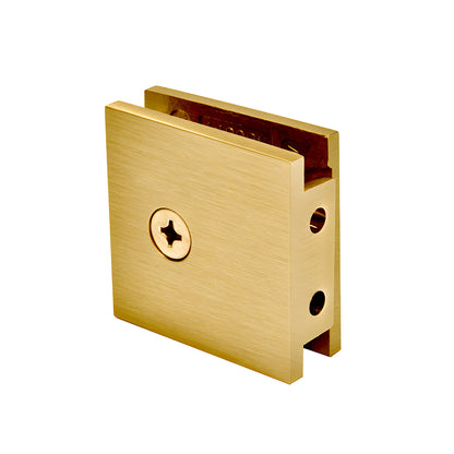 Satin brass square wall-mount glass clamp for 3/8-1/2" tempered glass, notch in glass design (SKU SGCU1SB)