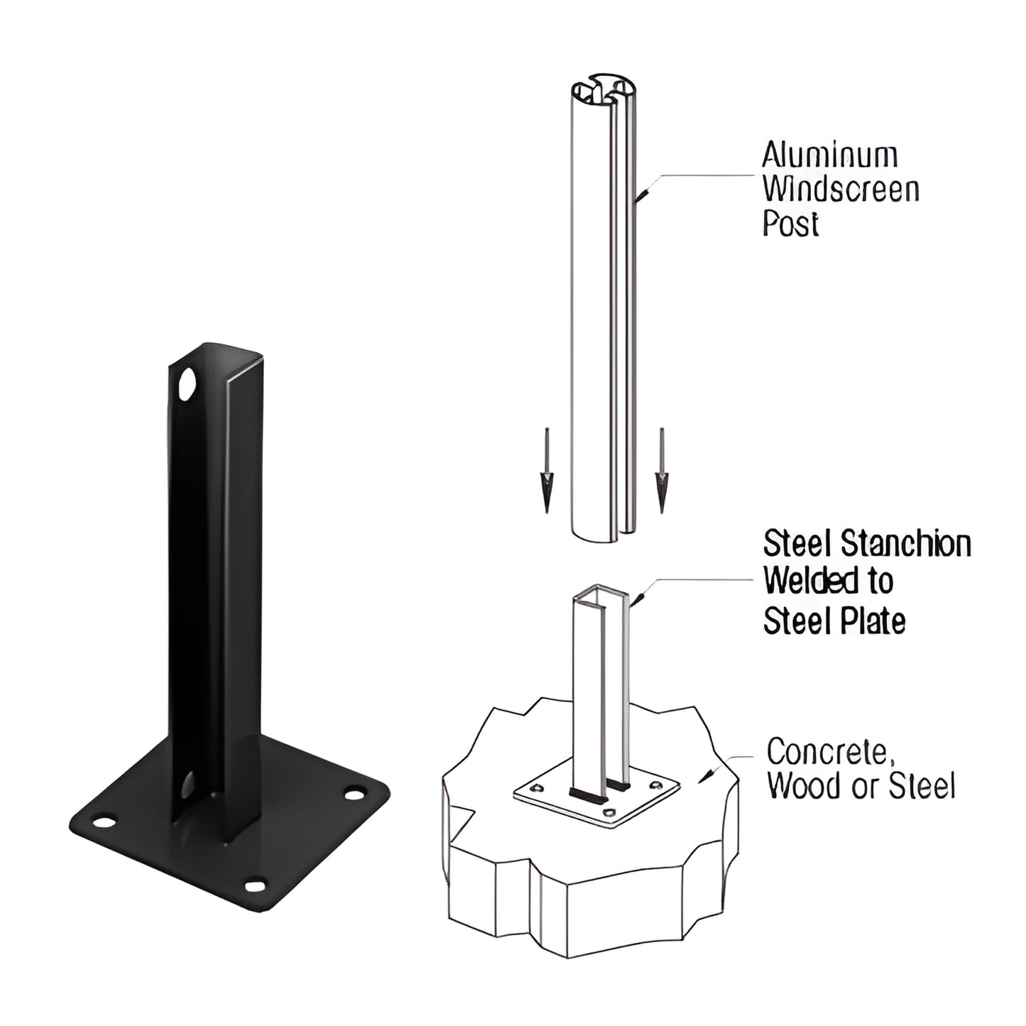 PSB1ABL matte-black welded steel stanchion with 5in square base plate and 1/2in mounting holes for aluminum posts.