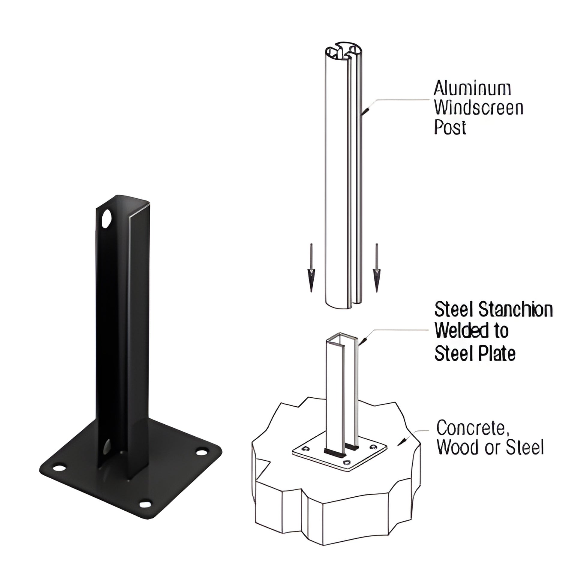 PSB1ABL matte-black welded steel stanchion with 5in square base plate and 1/2in mounting holes for aluminum posts.