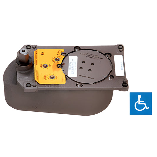 Rixson Model 27 floor door closer, SKU PH2790SH0RH85 - cast offset floor mounted unit with yellow adjustment plate.