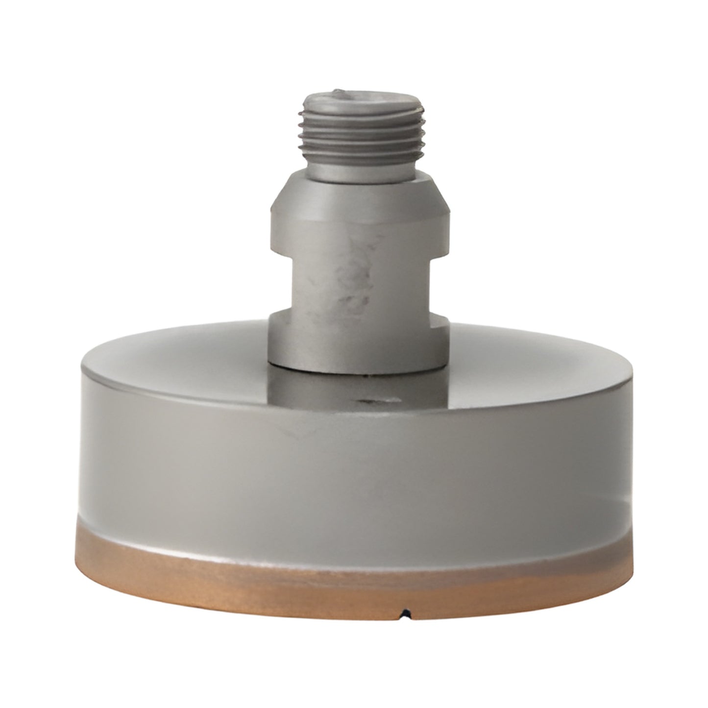 PDT312 3-1/2in metal-bond diamond glass drill, gray body with copper cutting rim and Belgian threaded shank.