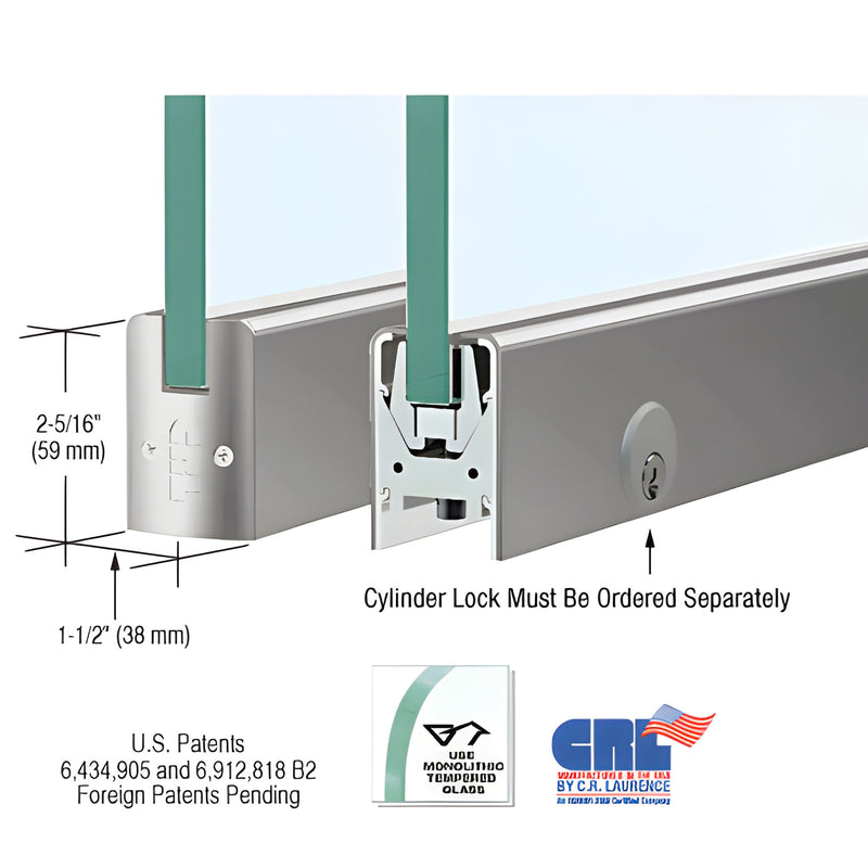DR2SBS12PL low profile brushed stainless steel door rail, 8" length for 1/2" (12mm) glass, 2 5/16" tall, square profile.