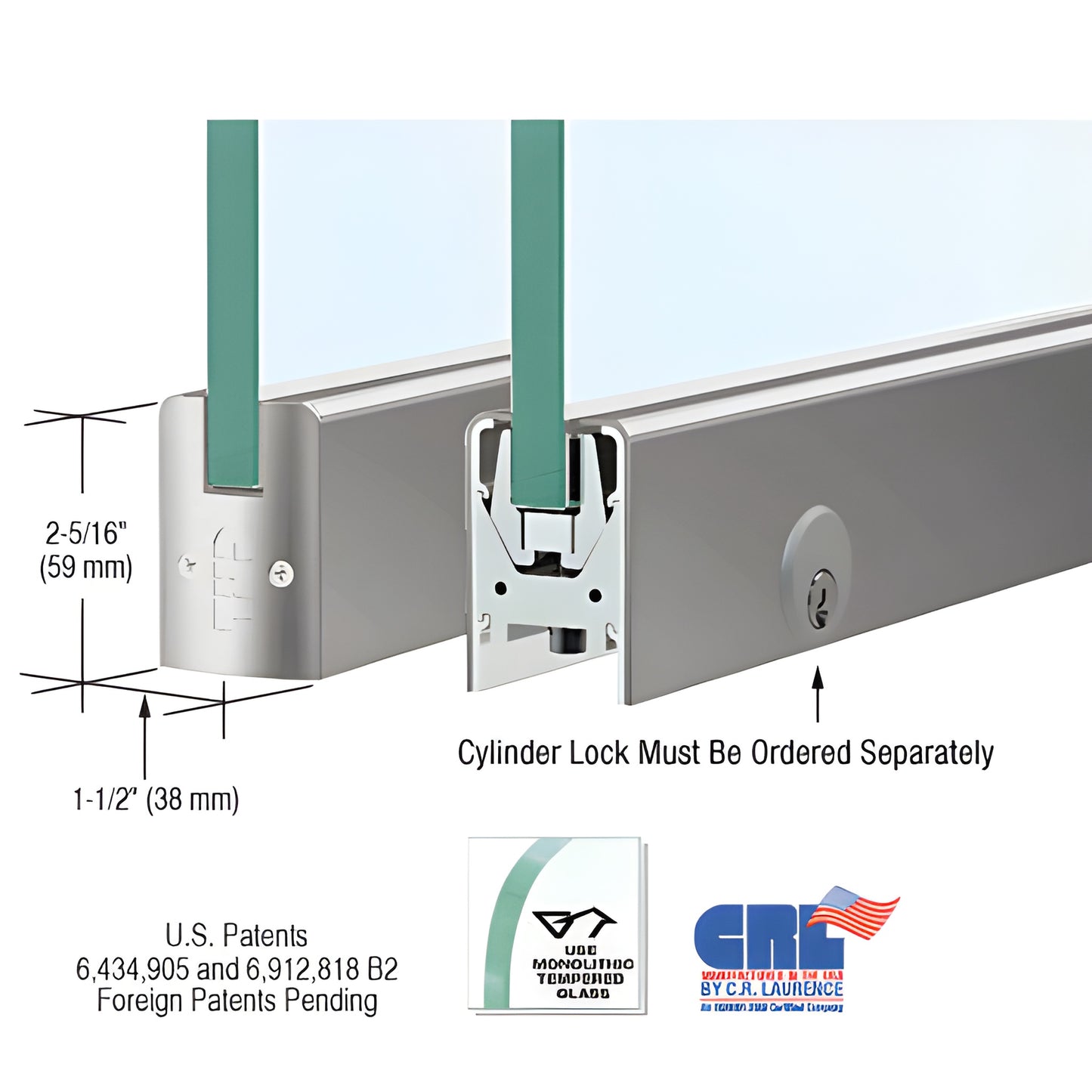 CRL DR2SBS38PL low-profile brushed stainless door rail, 8" for 3/8" glass, 2-5/16" tall, Wedge-Lock system