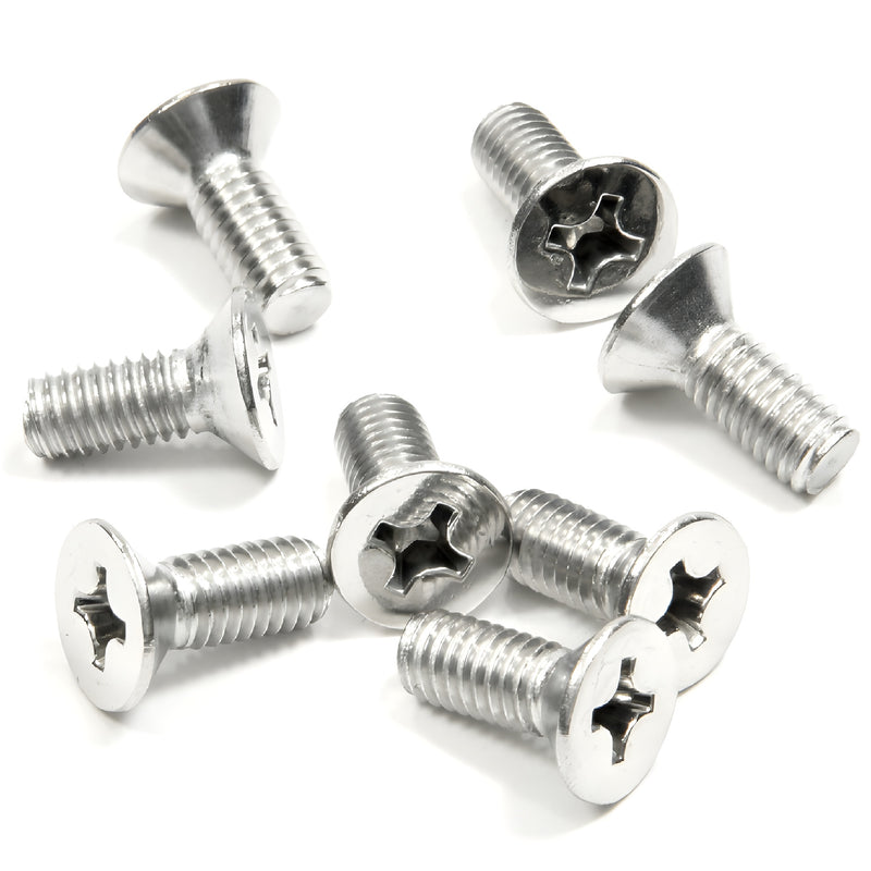 Polished chrome stainless steel flat-head Phillips screws M6 6 15mm, 8-pack (SKU P615CH) for shower door hinges