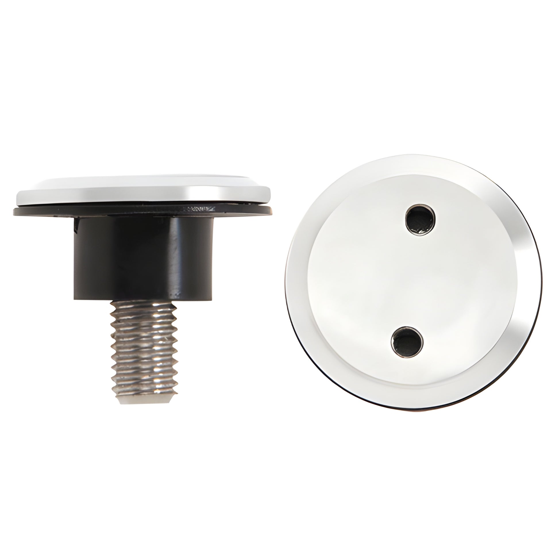 LS511PS polished 316 stainless screw/bushing/gasket - round cap with two holes and threaded screw, side/top views