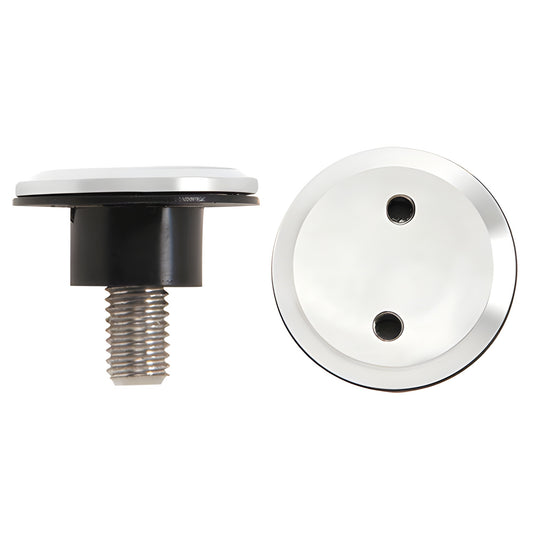 LS511PS polished 316 stainless screw/bushing/gasket - round cap with two holes and threaded screw, side/top views