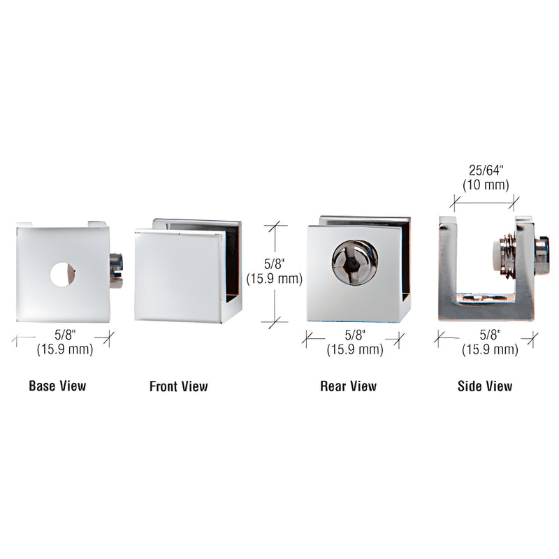 Polished chrome brass set-screw glass clamp EH26, 5/8" cube, fits 6-8mm glass - base/front/rear/side views.