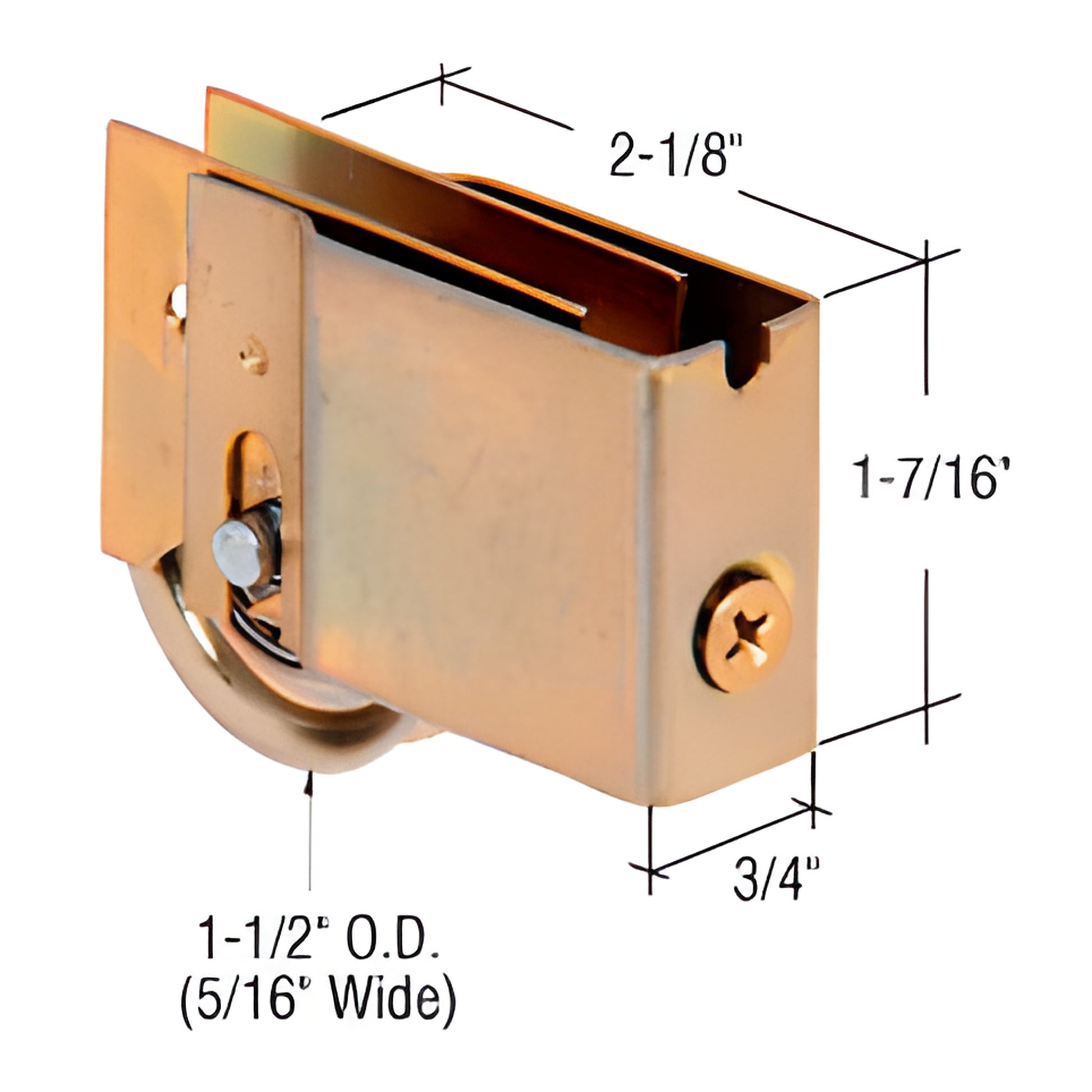Adjustable steel sliding glass door roller assembly (SKU D1824), 1-7/16" high, 2-1/8" long, 1-1/2" OD roller