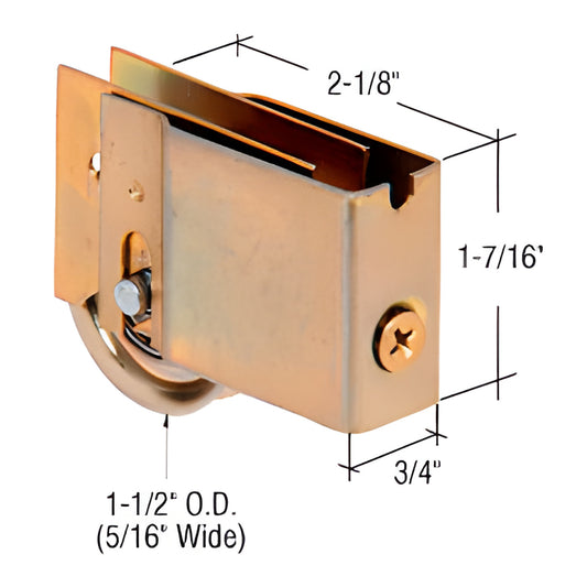 Adjustable steel sliding glass door roller assembly (SKU D1824), 1-7/16" high, 2-1/8" long, 1-1/2" OD roller
