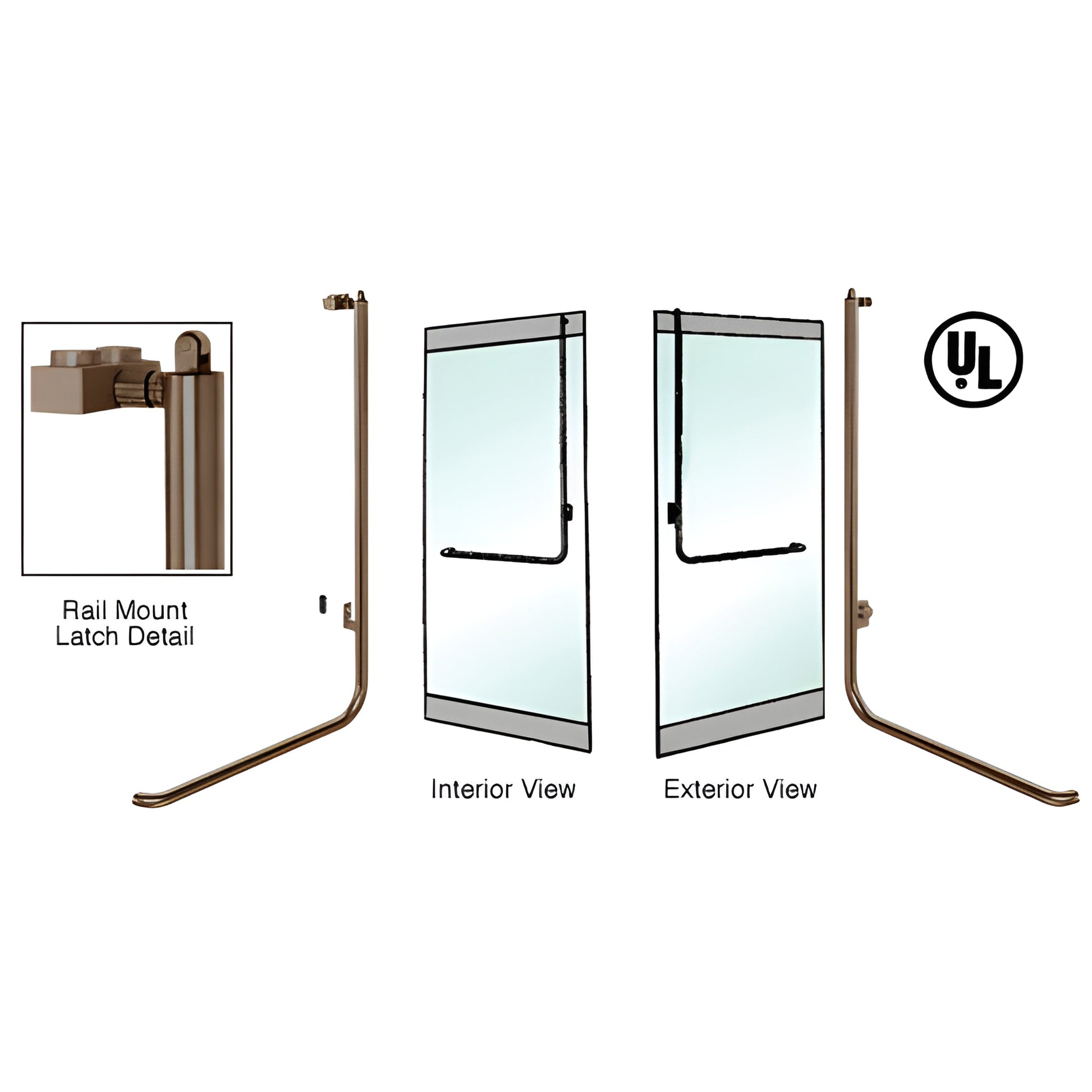 Oil-rubbed bronze PA100 panic handle, rail-mount for 1/2-3/4 in glass doors, 1-1/4 in tube, interior and exterior views