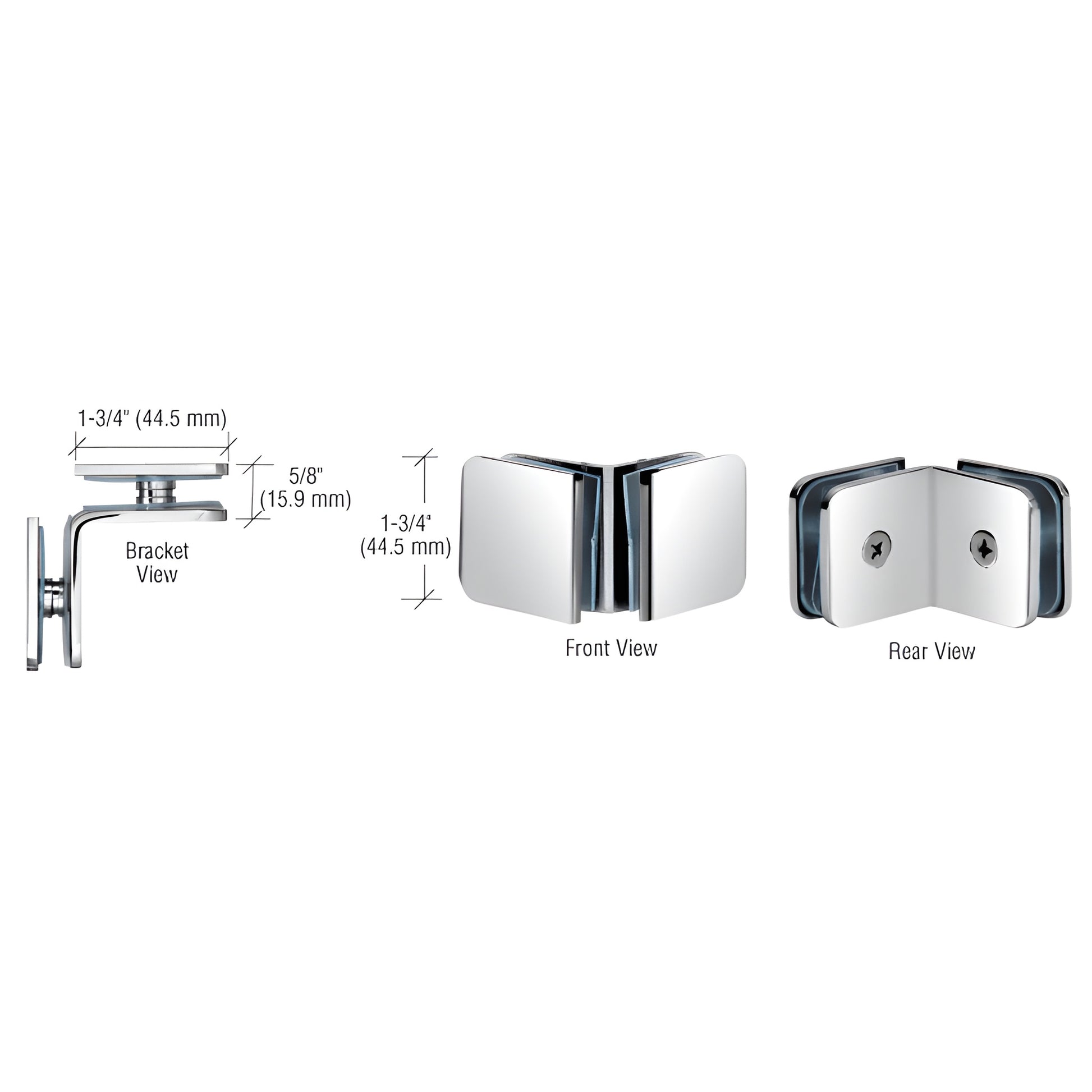 GCB90PS polished stainless steel 90 glass clamp/bracket for 8-12mm (5/16-1/2") glass, front and rear views, low-profile.