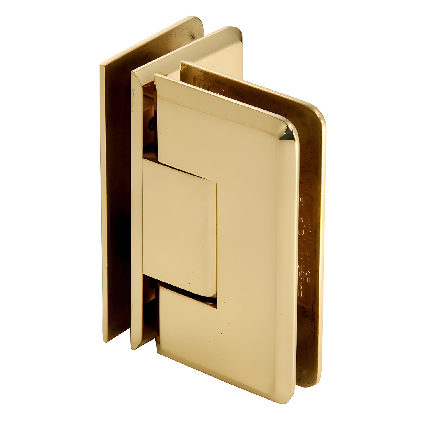 Polished brass beveled 90 glass-to-glass shower hinge (Cologne C0L092BR) for 10-12mm tempered glass.