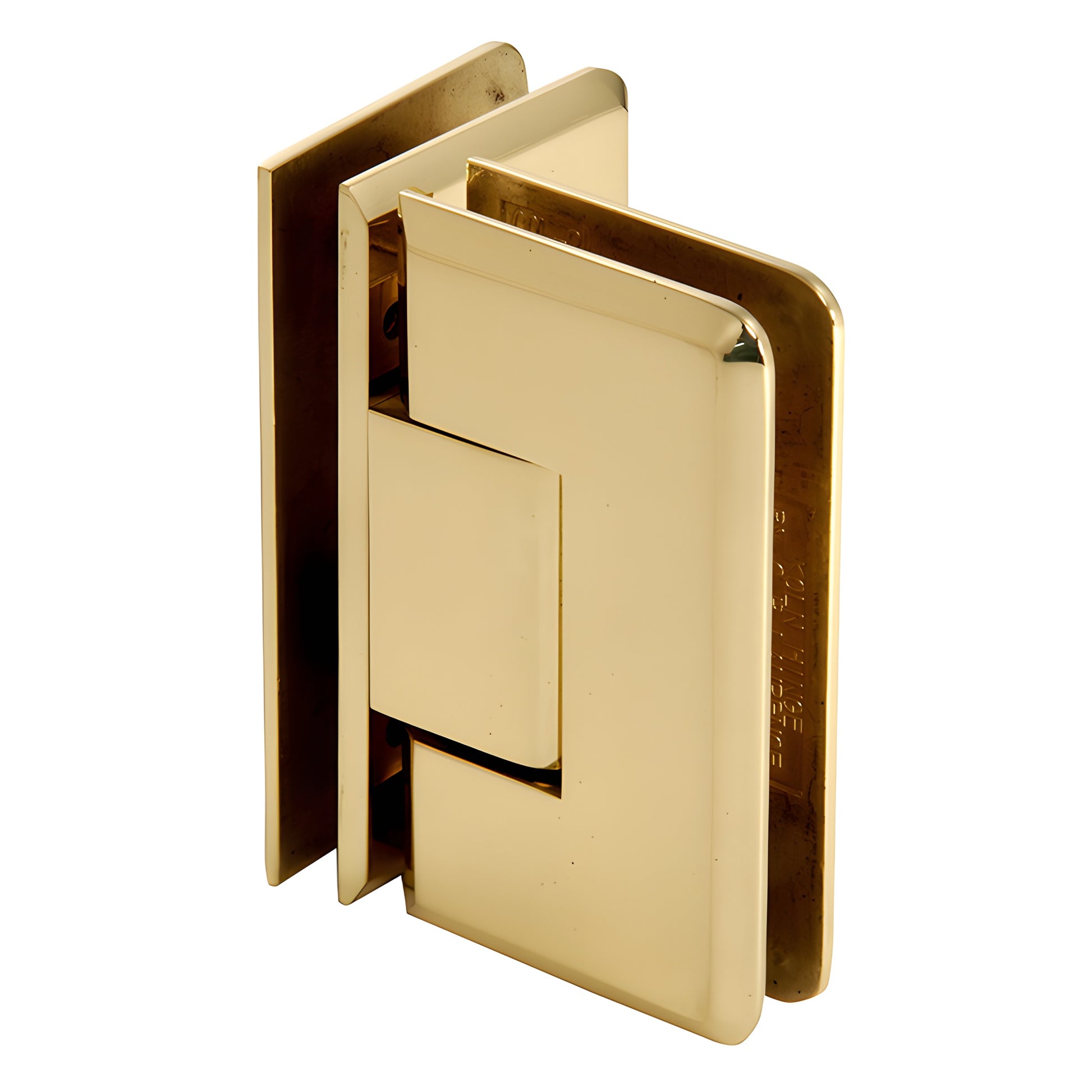 Polished brass beveled 90 glass-to-glass shower hinge (Cologne C0L092BR) for 10-12mm tempered glass.