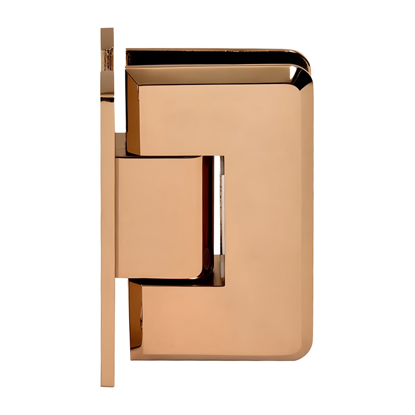 Rose gold brass Cologne shower door hinge (SKU C0L037RG), beveled edge, wall-mount H back plate, fits 3/8-1/2 glass