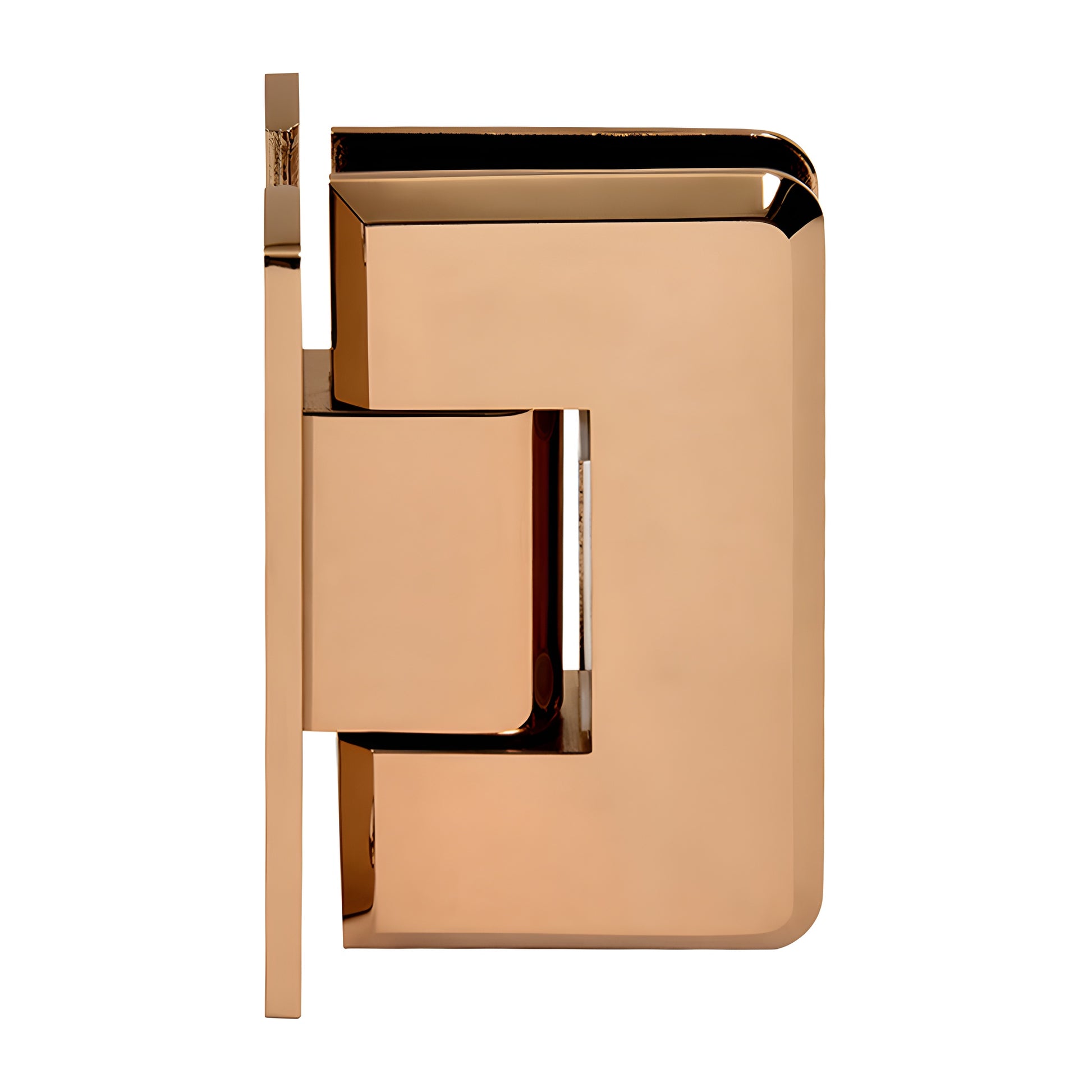 Rose gold brass Cologne shower door hinge (SKU C0L037RG), beveled edge, wall-mount H back plate, fits 3/8-1/2 glass