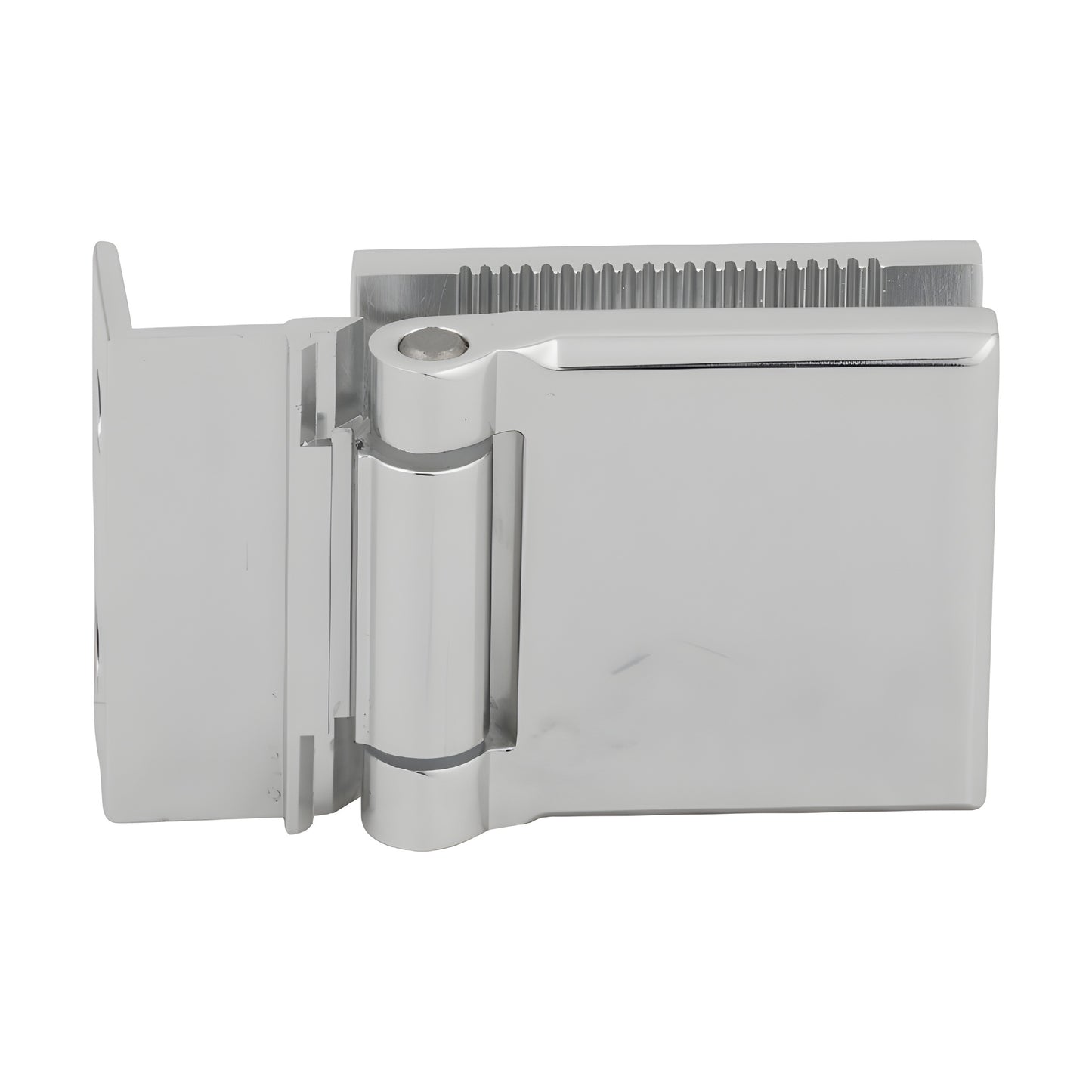 Polished chrome L-plate mini hinge MH1LCH for 1/4 (6mm) tempered glass shower doors, offset back plate