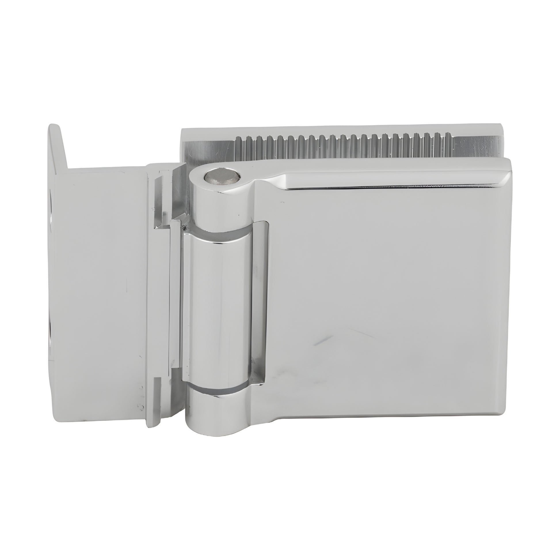 Polished chrome L-plate mini hinge MH1LCH for 1/4 (6mm) tempered glass shower doors, offset back plate