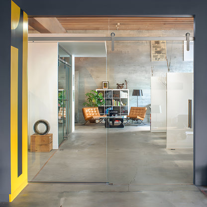 Brushed stainless Meridian frameless glass sliding door kit - roller and 96" track for 3/8-1/2" tempered glass (SKU LAT34MERB