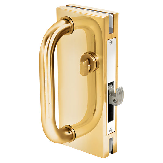 Polished brass 4x10 center lock with D-handle, thumbturn and hook deadlock for 1/2" glass (SKU DH410PB)