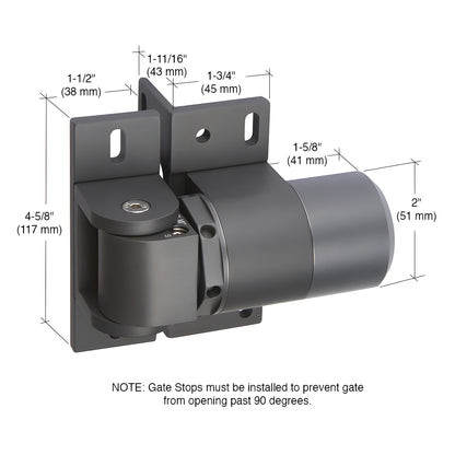 Black aluminum hydraulic gate hinge-closer (HC1500BL) with adjustable closing speed and 260 lb capacity