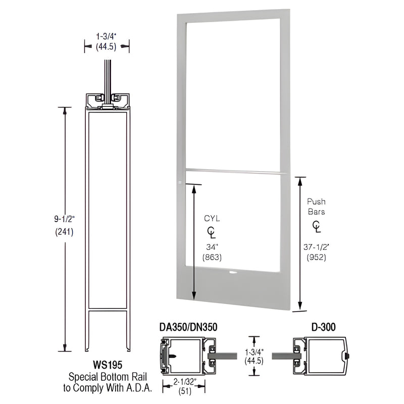 Clear anodized aluminum 36x84 left active door leaf SKU DE22711LA36, 250 narrow stile, ADA 9-1/2" bottom rail, center pivot
