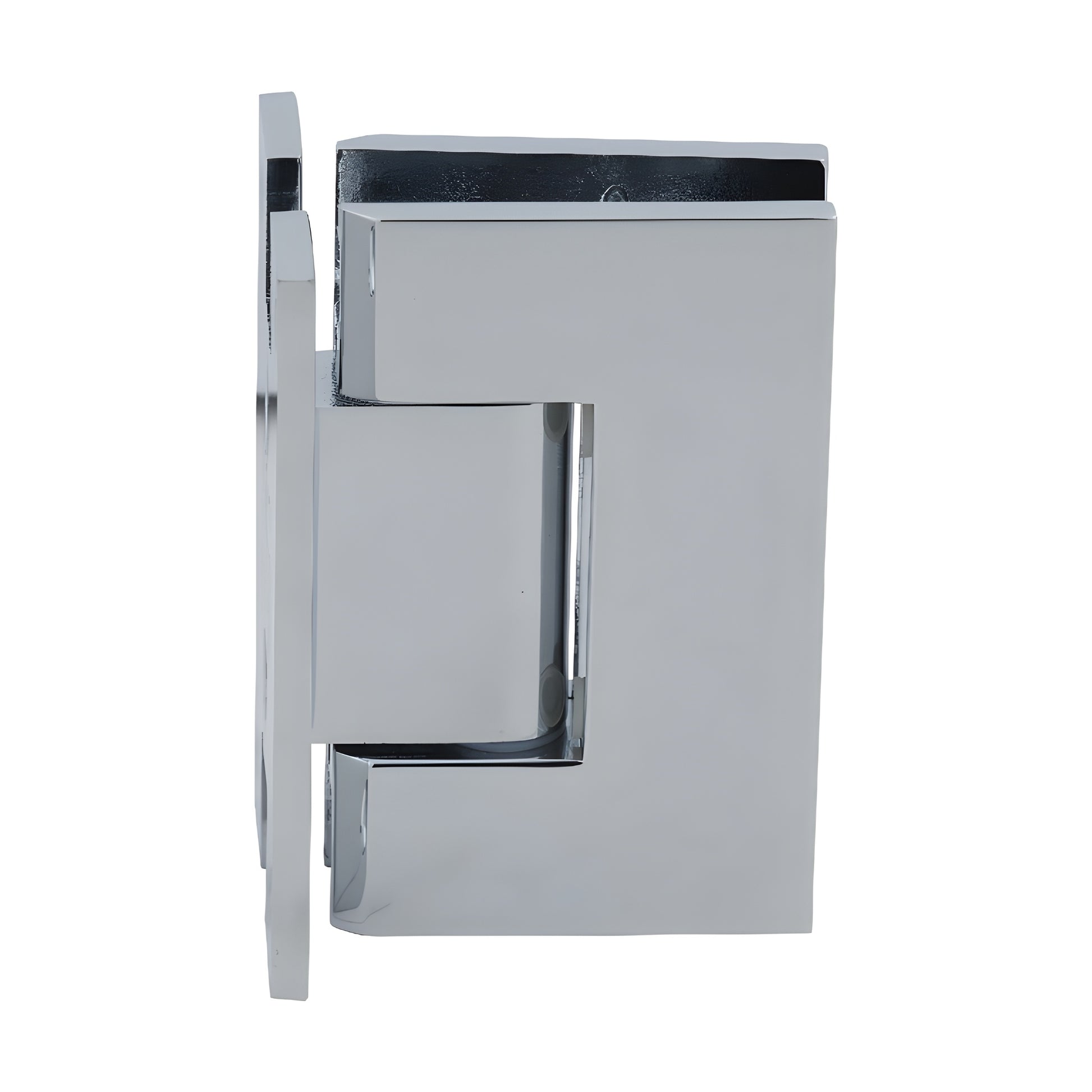 GENH037CH polished chrome square-profile H wall-mount hinge for frameless glass doors, brass, self-centering