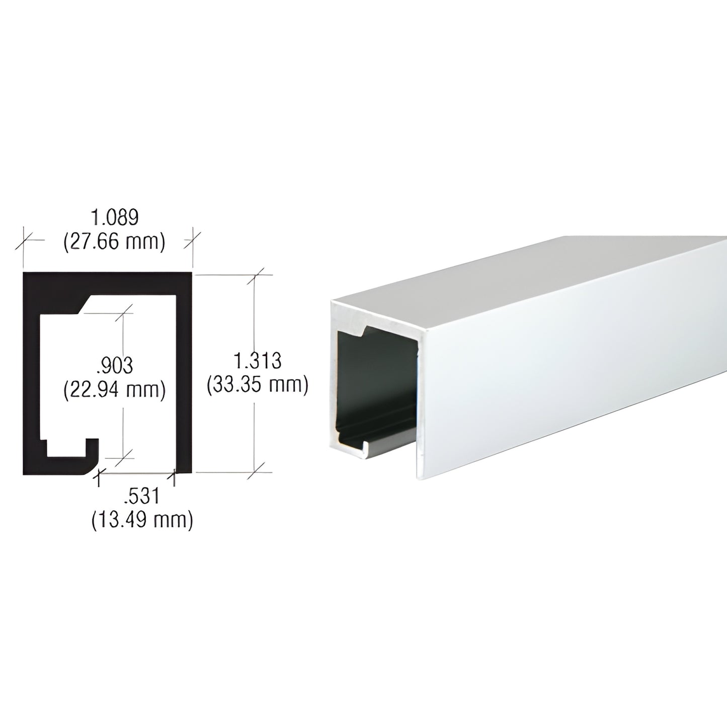 D3A satin anodized aluminum extrusion for sliding door track, profile 1.313 in H 1.089 in W, 144 in length