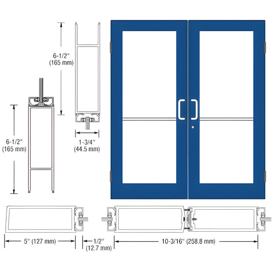 DC52471: blue custom wide-stile commercial double entrance door with glass panels, 5" stiles, 6-1/2" bottom rail