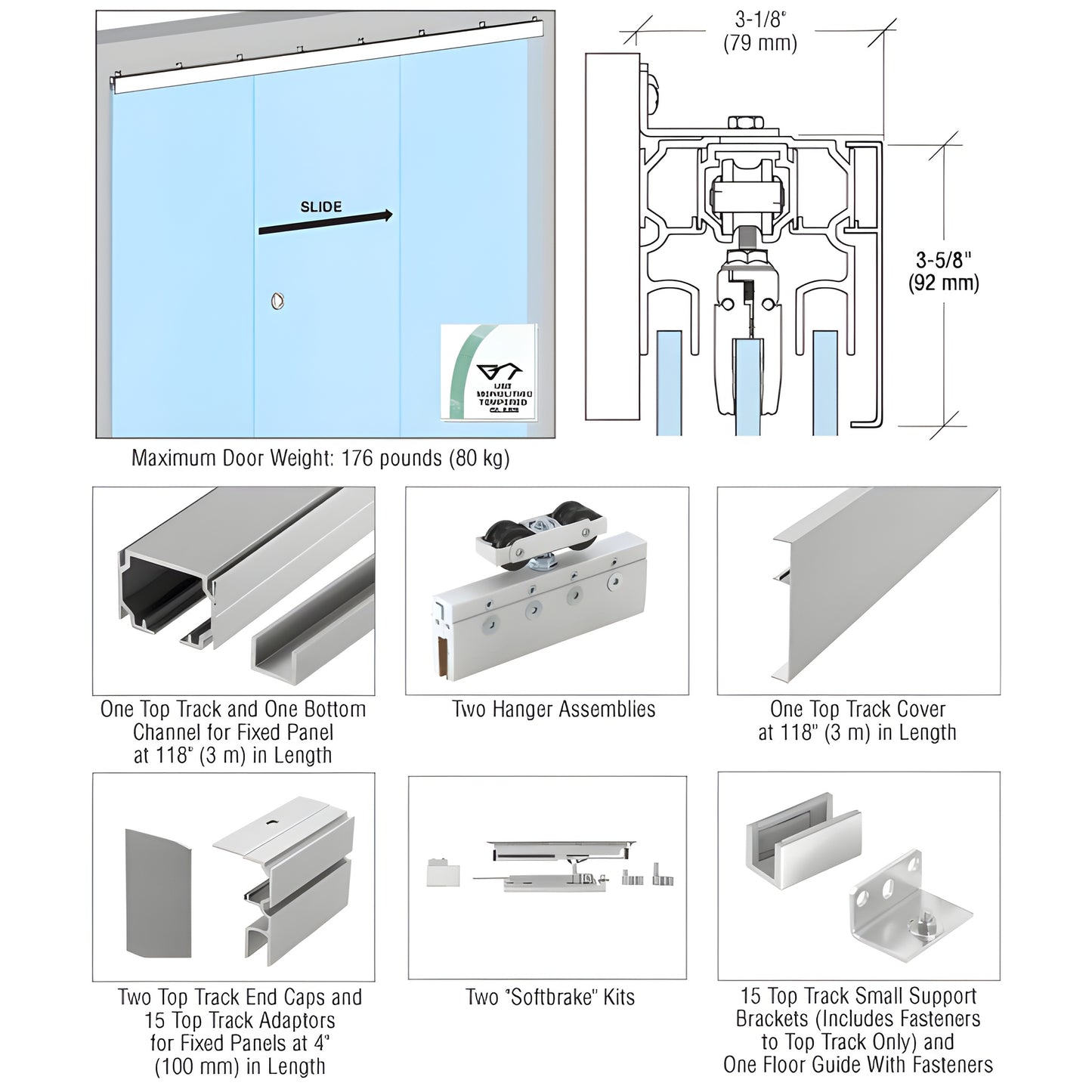 CRL512 satin anodized top-mount sliding glass door kit for 5/16 or 3/8 in tempered glass; includes track, hangers, cover and