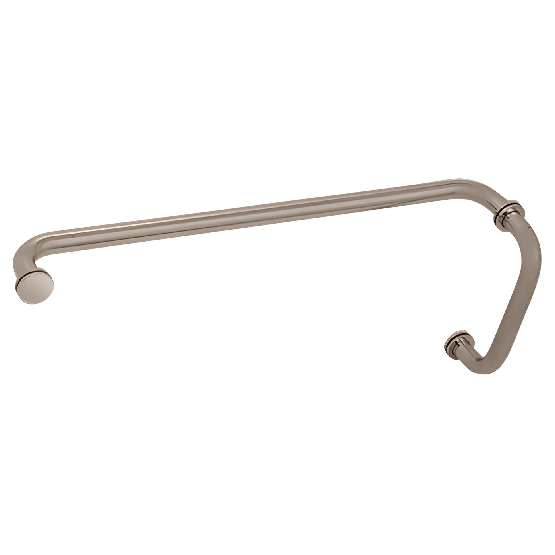 Brushed nickel brass shower pull with integrated 22" towel bar, glass-mount back-to-back. SKU BM8X22BN