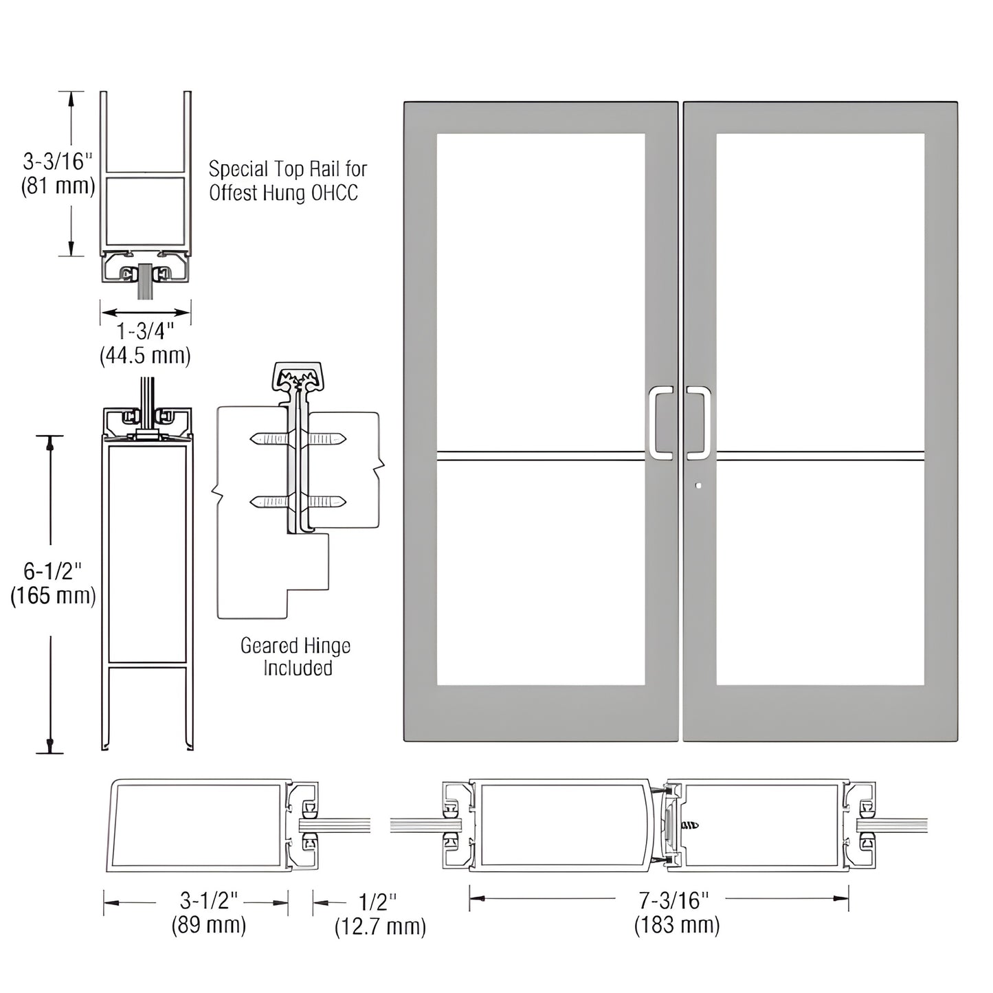 DC42911 Clear anodized medium-stile double entrance door with large glass panels, 31 2" stiles, 3-3/16" top rail, 61 2" bottom ra