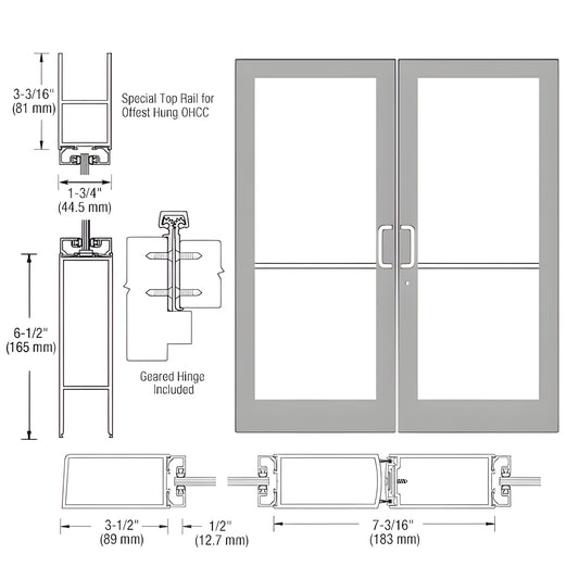 DC42911 Clear anodized medium-stile double entrance door with large glass panels, 31 2" stiles, 3-3/16" top rail, 61 2" bottom ra