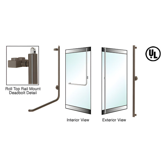 Oil-rubbed bronze rail-mount deadbolt handle for tempered glass doors, 1-1/4 in dia, interior/exterior views. DBR100F3RK0RB