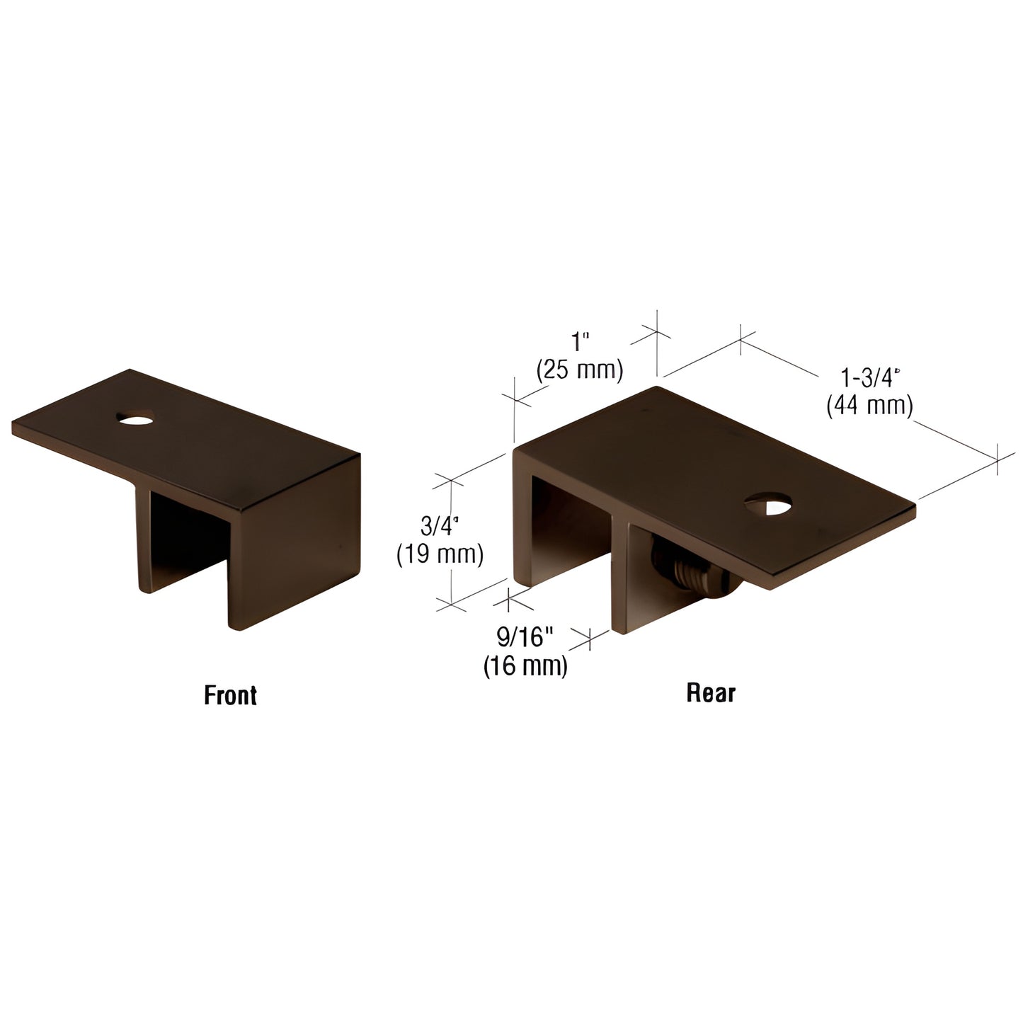 Oil-rubbed bronze solid-brass ceiling glass clamp (SKU S0GC010RB), front and rear views, fits 8-12mm tempered glass.