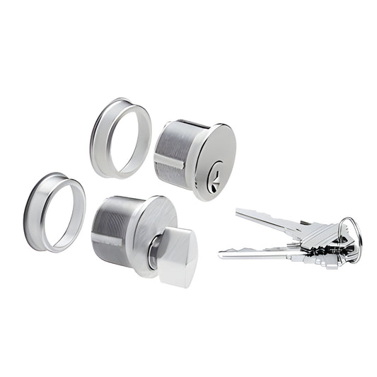 Brushed stainless steel mortise cylinder set with thumbturn, two trim rings and three keys - keyed alike (SKU DRA1020BS)