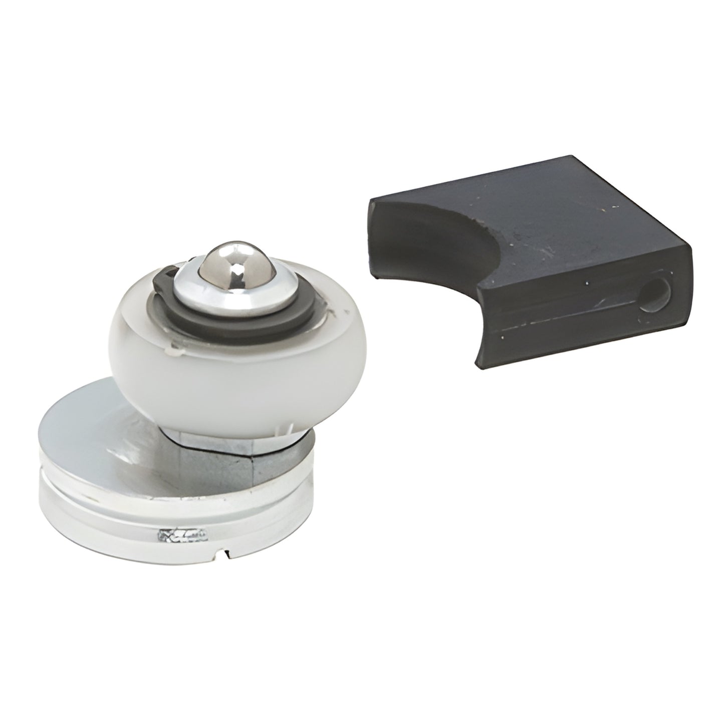 LCN 6030 replacement track roller, SKU 60303034H - white nylon roller on chrome base with black hold-open clip