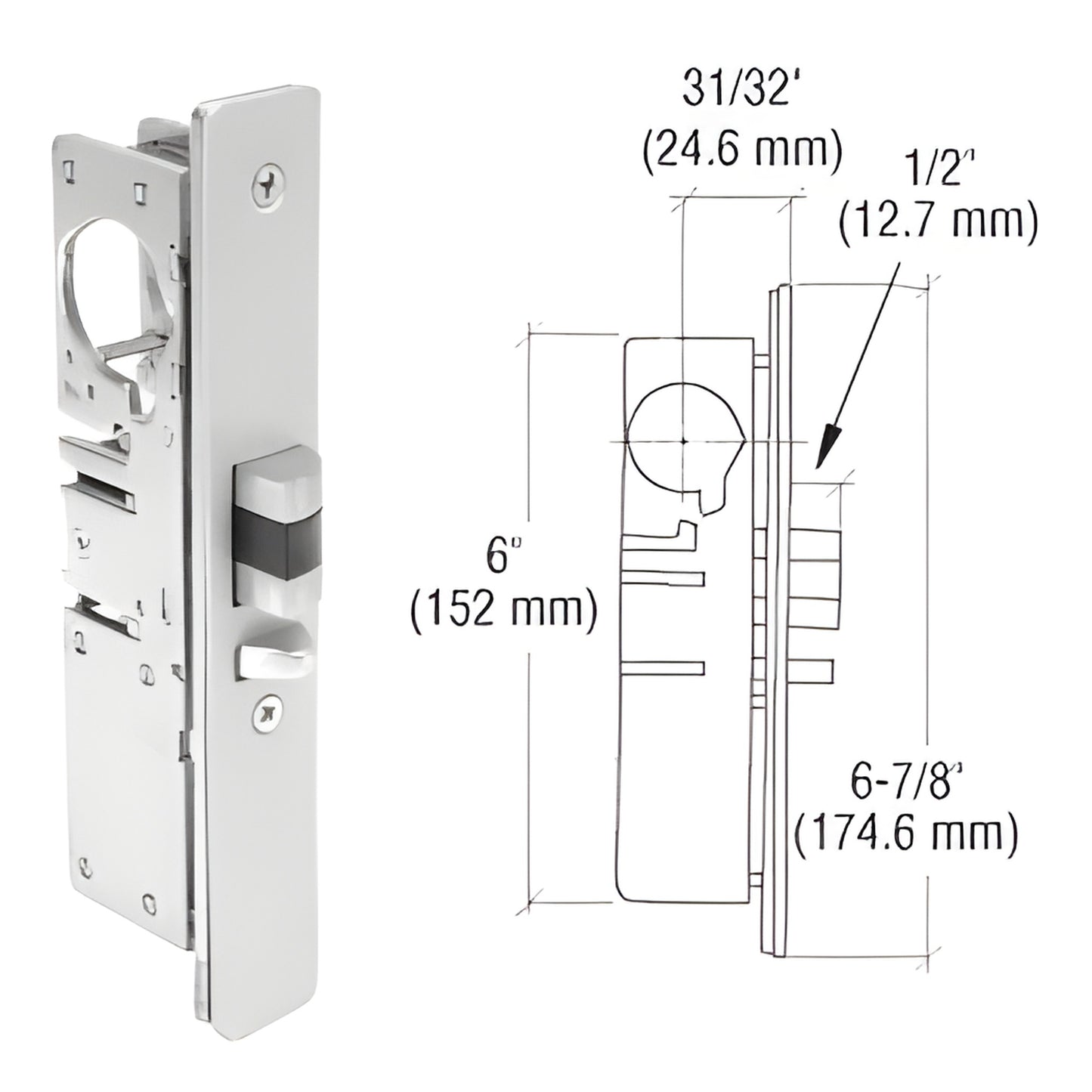 DL2140ARH narrow-stile deadlock, 1/2" hardened-steel latch, compact mortise lock for aluminum storefront doors