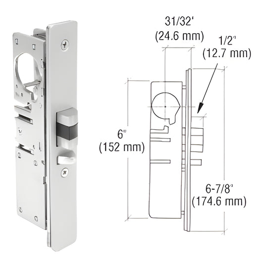 DL2140ARH narrow-stile deadlock, 1/2" hardened-steel latch, compact mortise lock for aluminum storefront doors