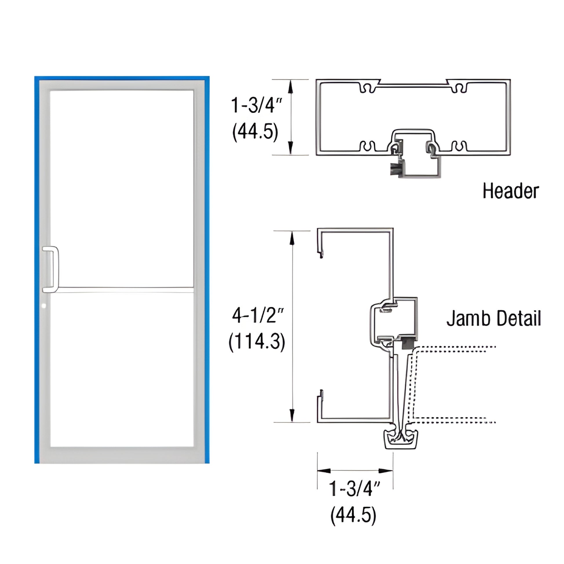 CRL gear hinge frame 36x84 with aluminum threshold, custom Kynar finish - jamb and header cross-sections (SKU 0B41871)