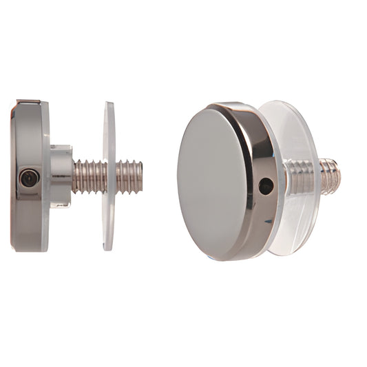 CAP114GM gun metal 1-1/4" standoff cap assembly, brass screw and vinyl spacer shown front and side.