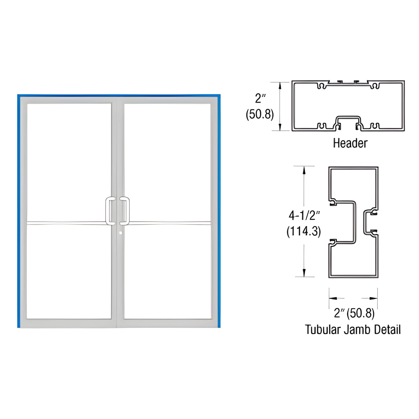 FR72571 double aluminum door frame with tubular jambs, integrated threshold, butt hinge detail, custom Kynar finish.