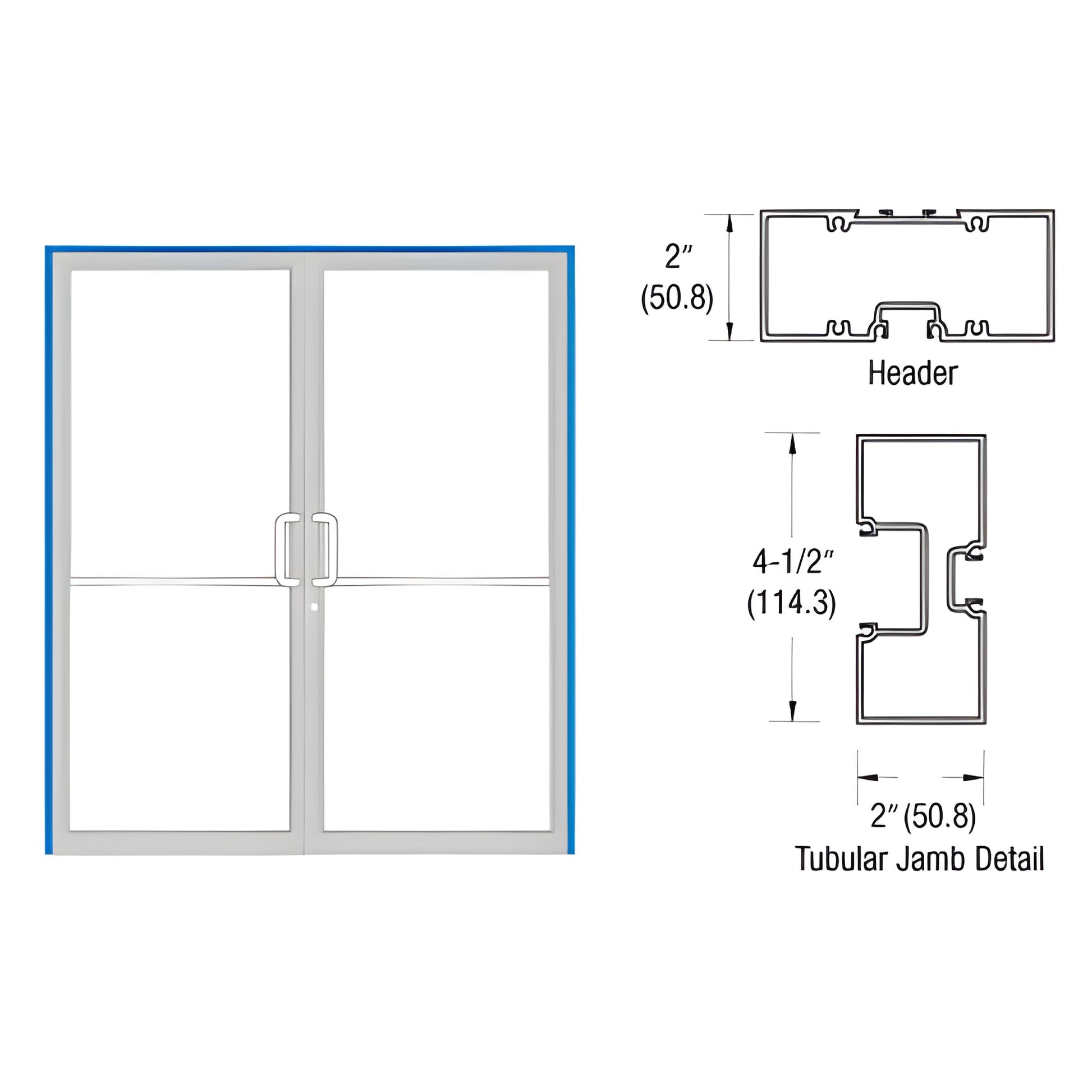 FR72571 double aluminum door frame with tubular jambs, integrated threshold, butt hinge detail, custom Kynar finish.
