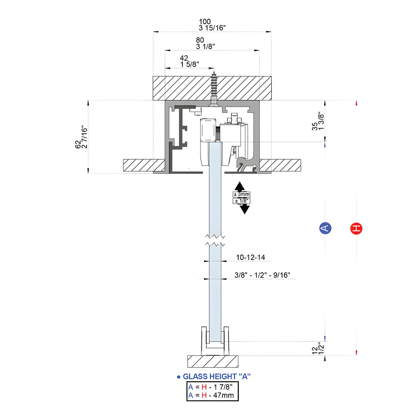 Commercial sliding glass door kit track and top hanger in brushed stainless anodized, 3/8-1/2in glass, SKU CRL695DBSA