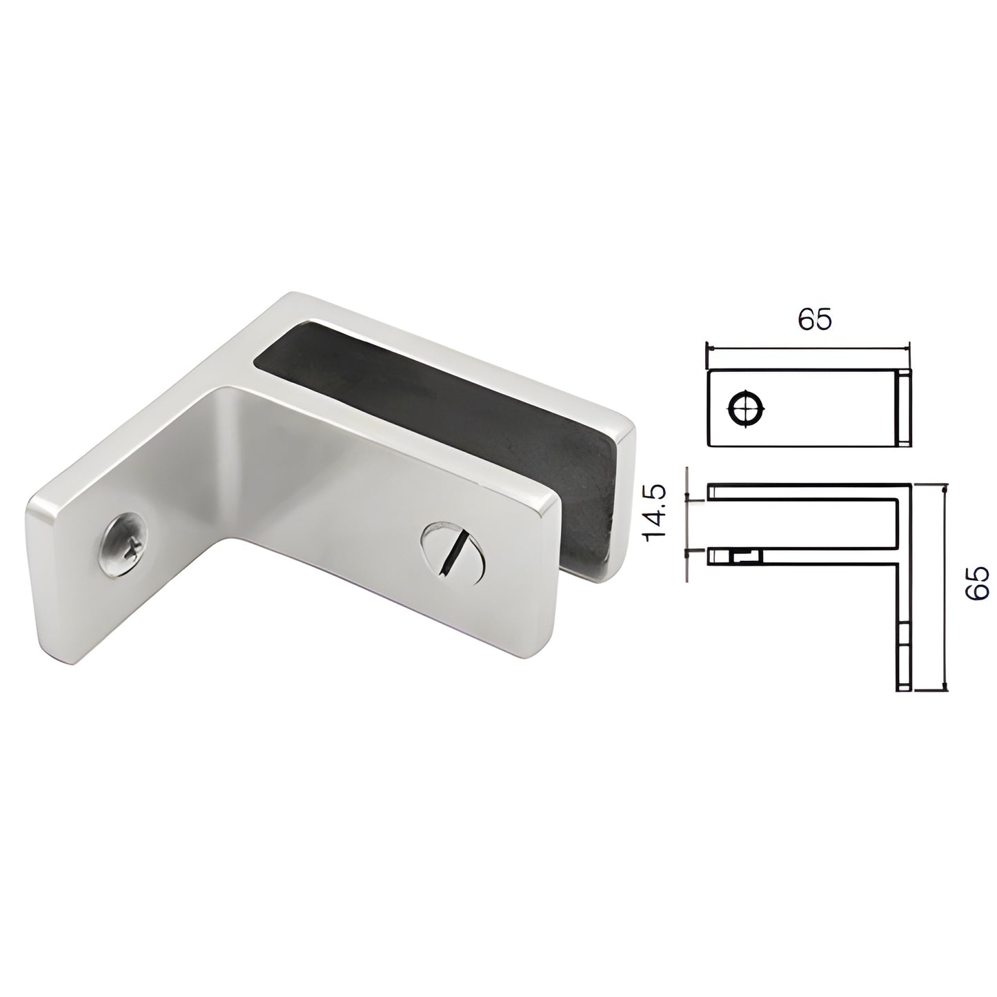 GBCWMBS brushed stainless steel L-shaped glass bracing clamp for 10-12mm panels, no-drill grub-screw fixing.
