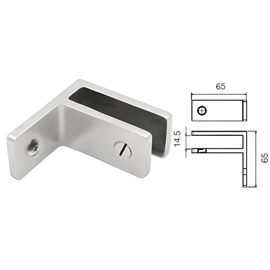 GBCWMBS brushed stainless steel L-shaped glass bracing clamp for 10-12mm panels, no-drill grub-screw fixing.