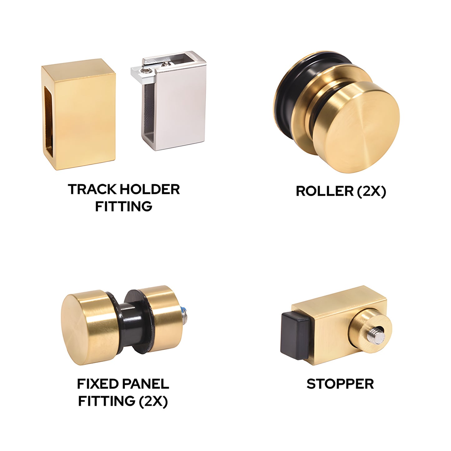 Satin brass Cavoli shower door replacement kit - two rollers, two fixed fittings, wall bracket and stopper (CAVHDWKSB)